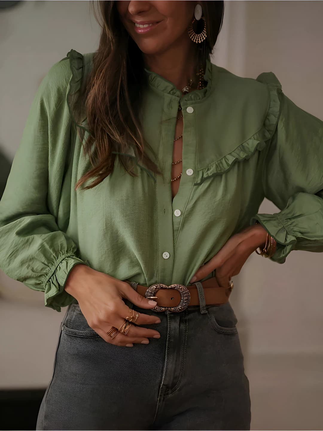 Women's 2026 spring-summer casual, elegant, solid colour, V-neck, long sleeve, loose fit blouse