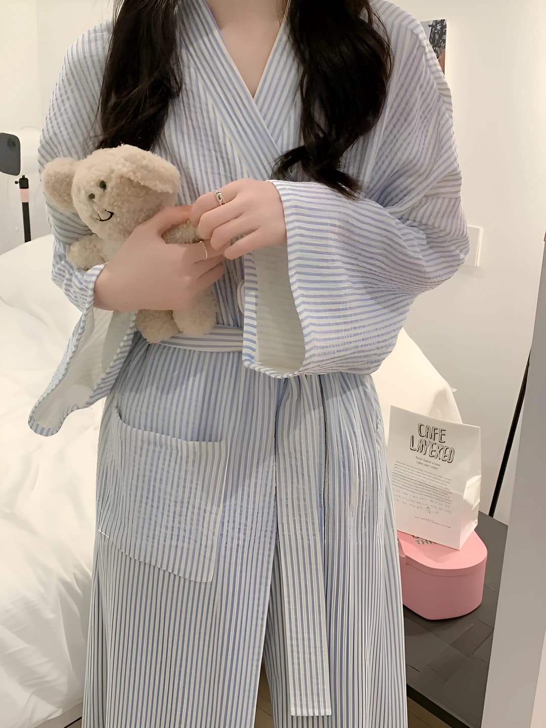 Women's house robe: long sleeve, loose fit, striped printed, V-neck, polyester, spring-autumn