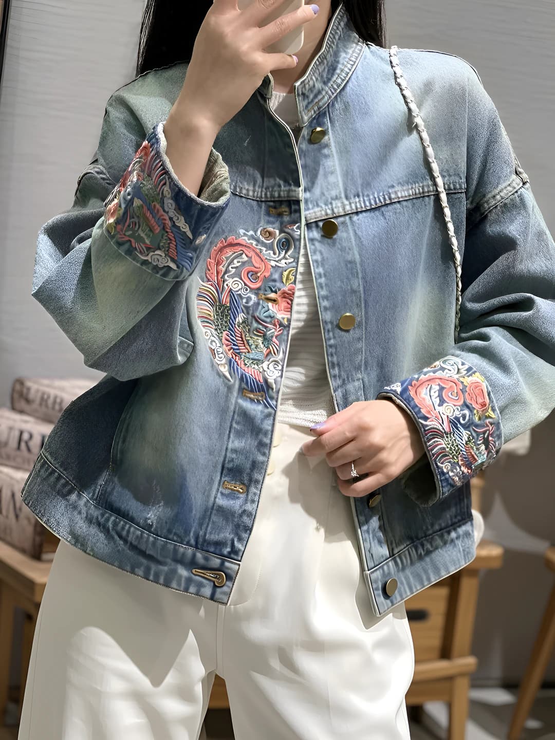 Women's embroidered denim jacket, spring-autumn, 2026, long sleeve, stand collar, loose fit, solid colour, cropped