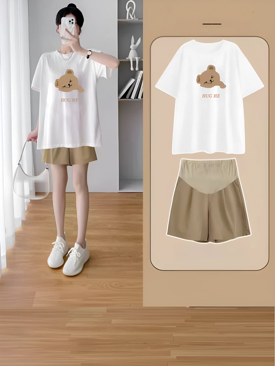 White bear top + khaki bermuda shorts set