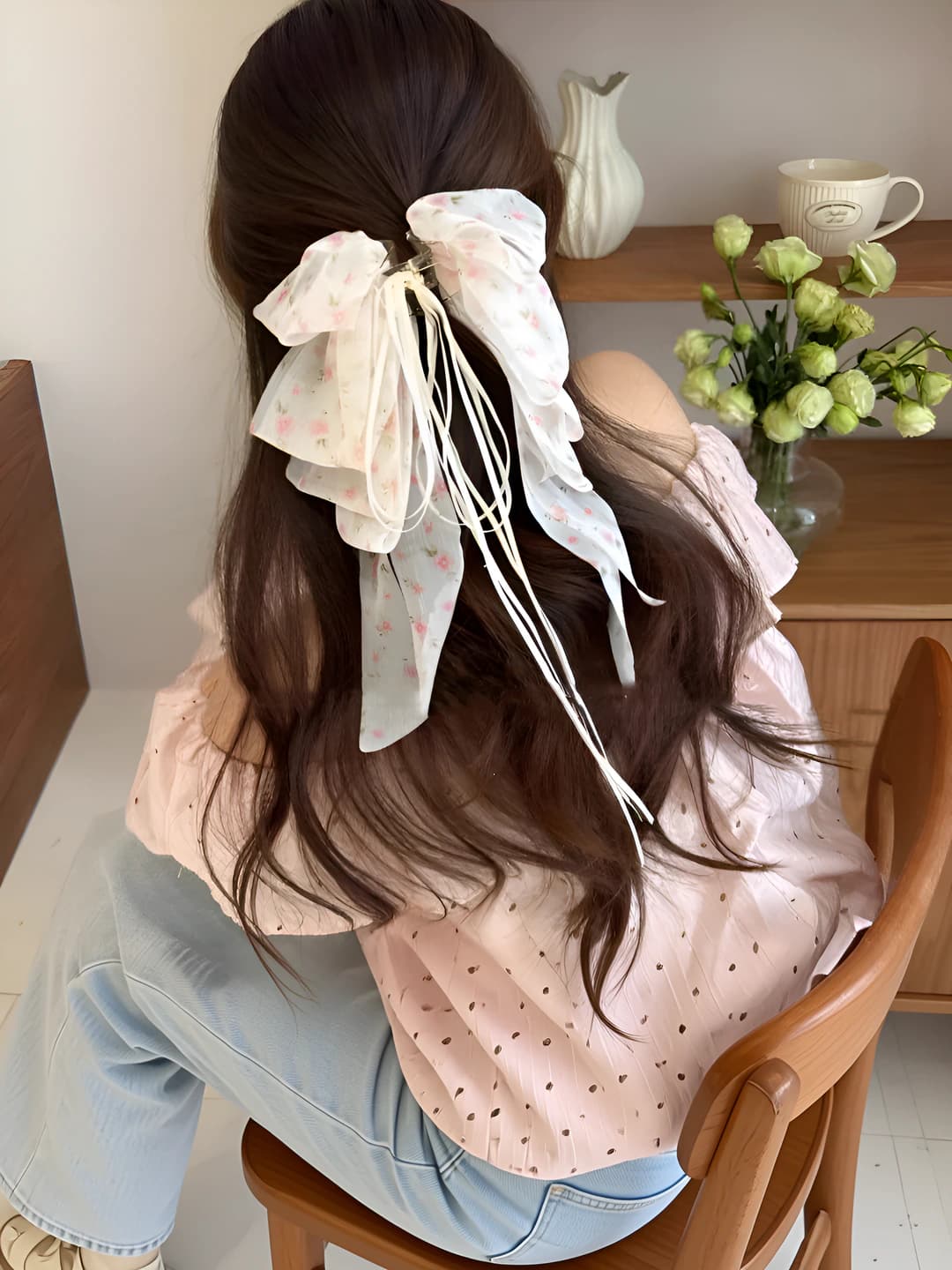 Black floral clip, base ~4 cm, ribbon ~30 cm