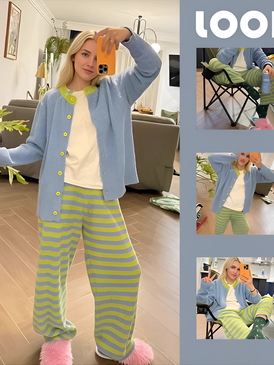 Ayollar uchun qishlik koreys uslubidagi yumshoq pijama to'plami: kardigan va chiziqli uzun shim