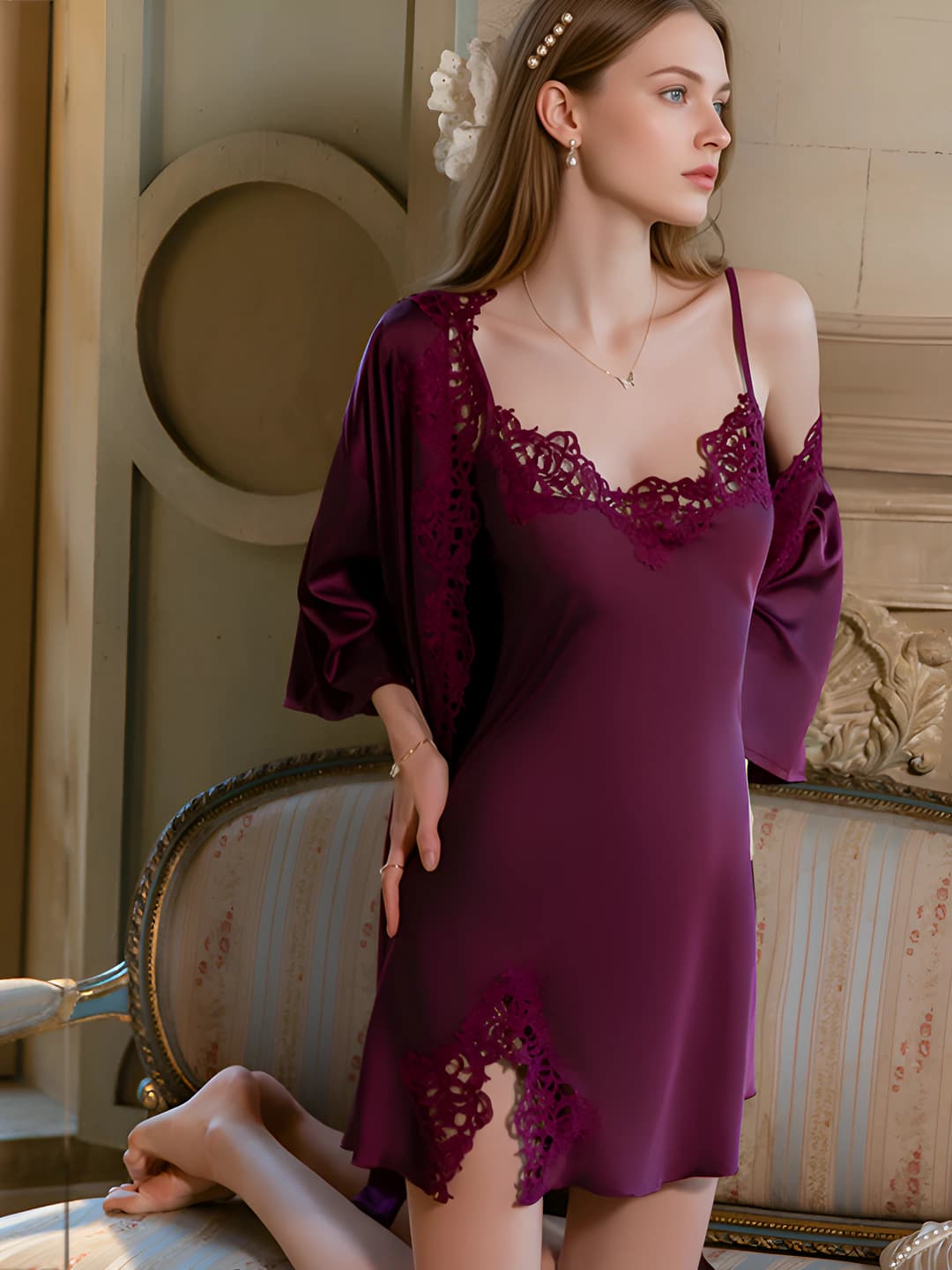 Women's set (satin lace nightgown and robe): V-neck, three-quarter sleeve, slim fit, thin, all-season