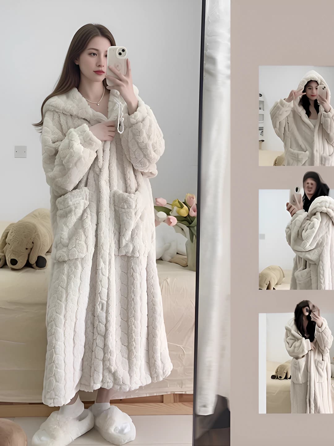 Женский зимний халат из кораллового флиса с начёсом, утеплённый, тёплый, дышащий, однотонный, с карманами