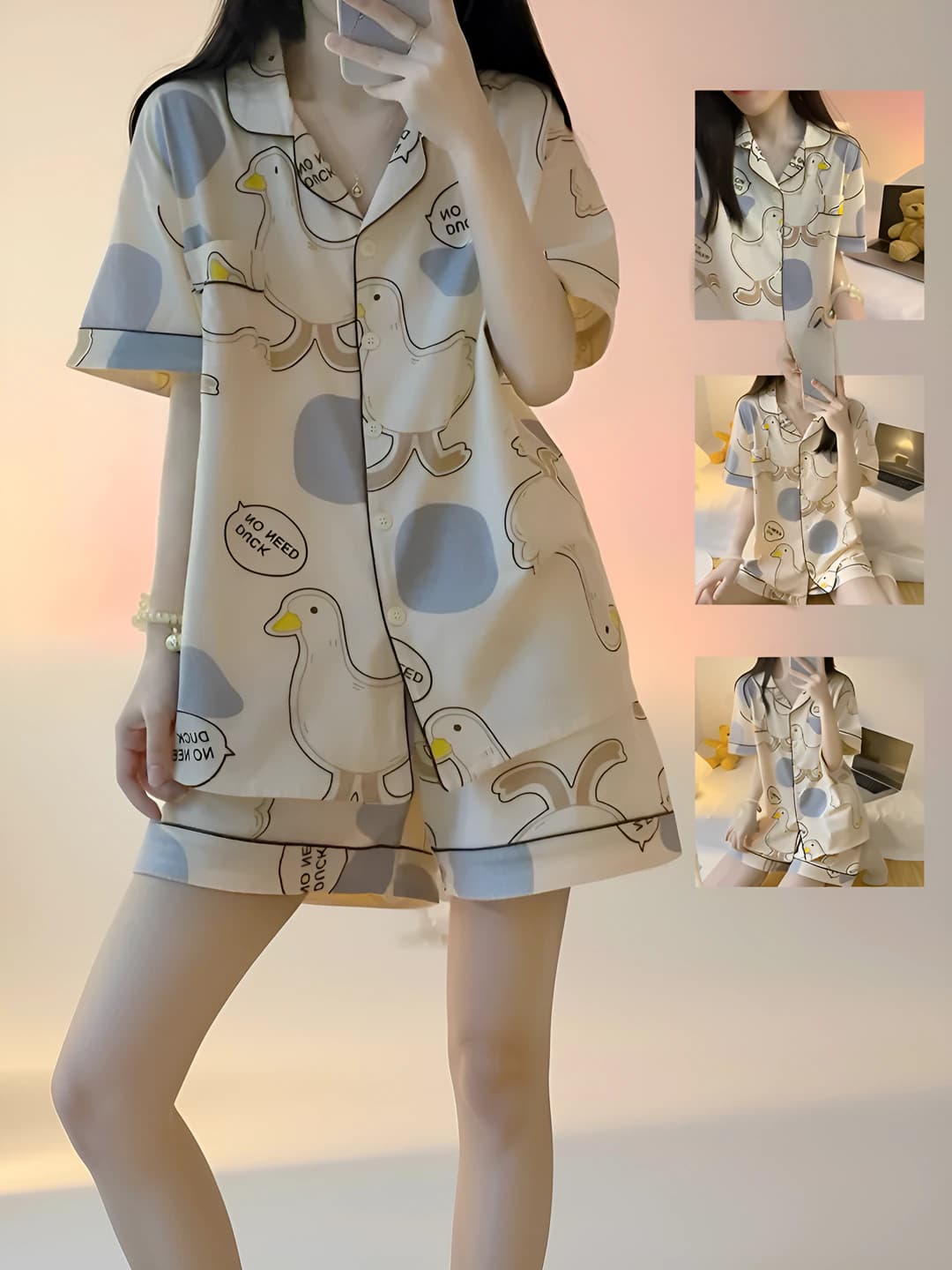 Women's loungewear set: cartoon duck, lapel collar, short sleeve, shorts, loose fit, summer, spring, autumn, breathable, stretch, wearable outside