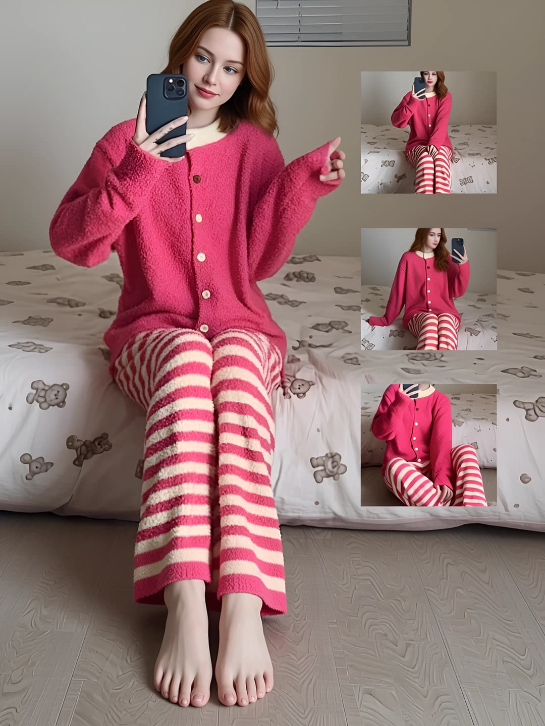 Женский комплект пижам из кораллового флиса, утеплённый, тёплый, в полоску (кардиган и брюки), на осень-зиму