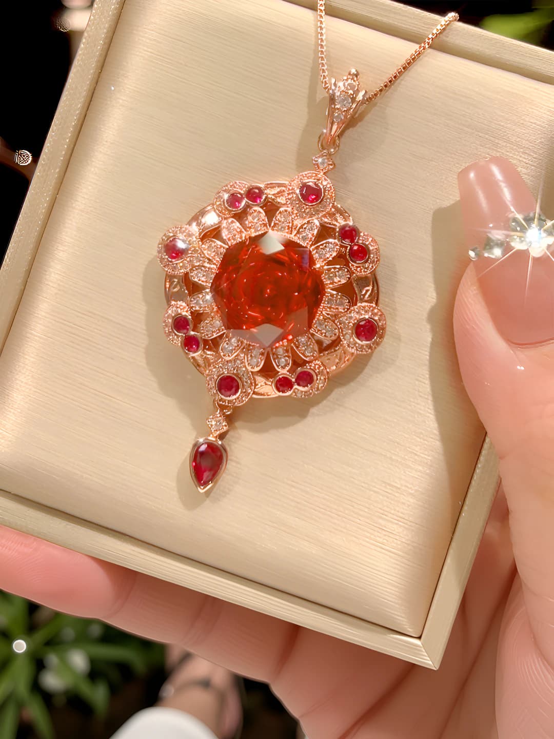 Ayollar uchun oltin qoplamali mis asosli, 14 mm asosiy toshli, qizil-jusht rangli frunja va gullar shaklidagi osilma