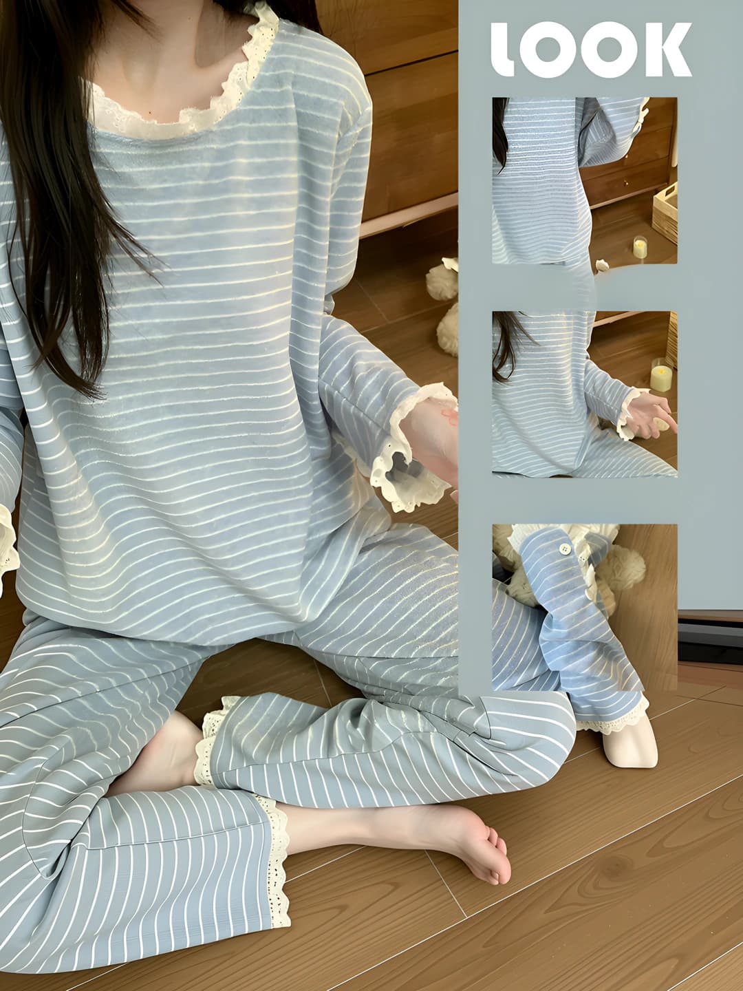 Women's autumn-winter striped lace-trim loungewear set, long sleeve, V-neck, trousers