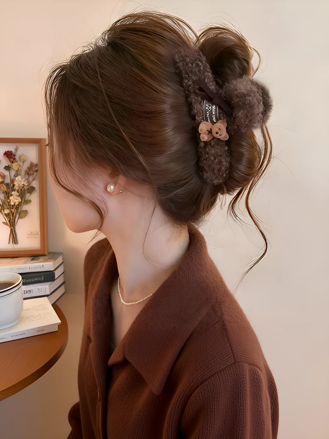 Coffee velvet bear clip 13 cm-single side