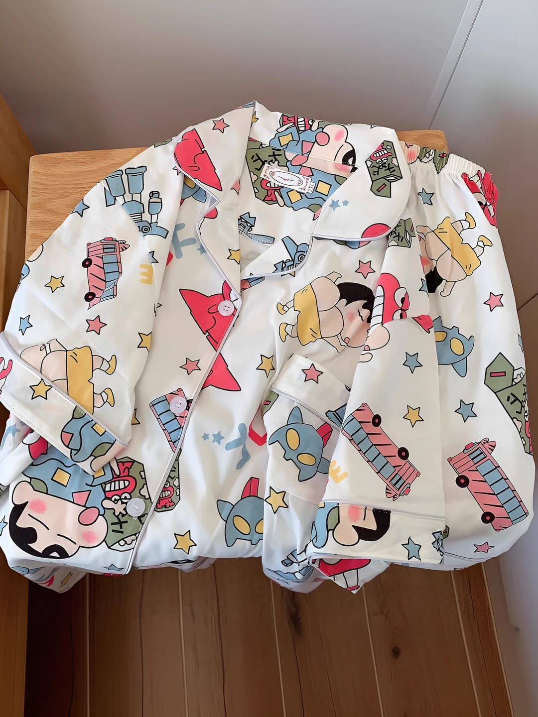 Women's summer pajama set: short-sleeve top and shorts, thin, lapel collar, polyester, cartoon design