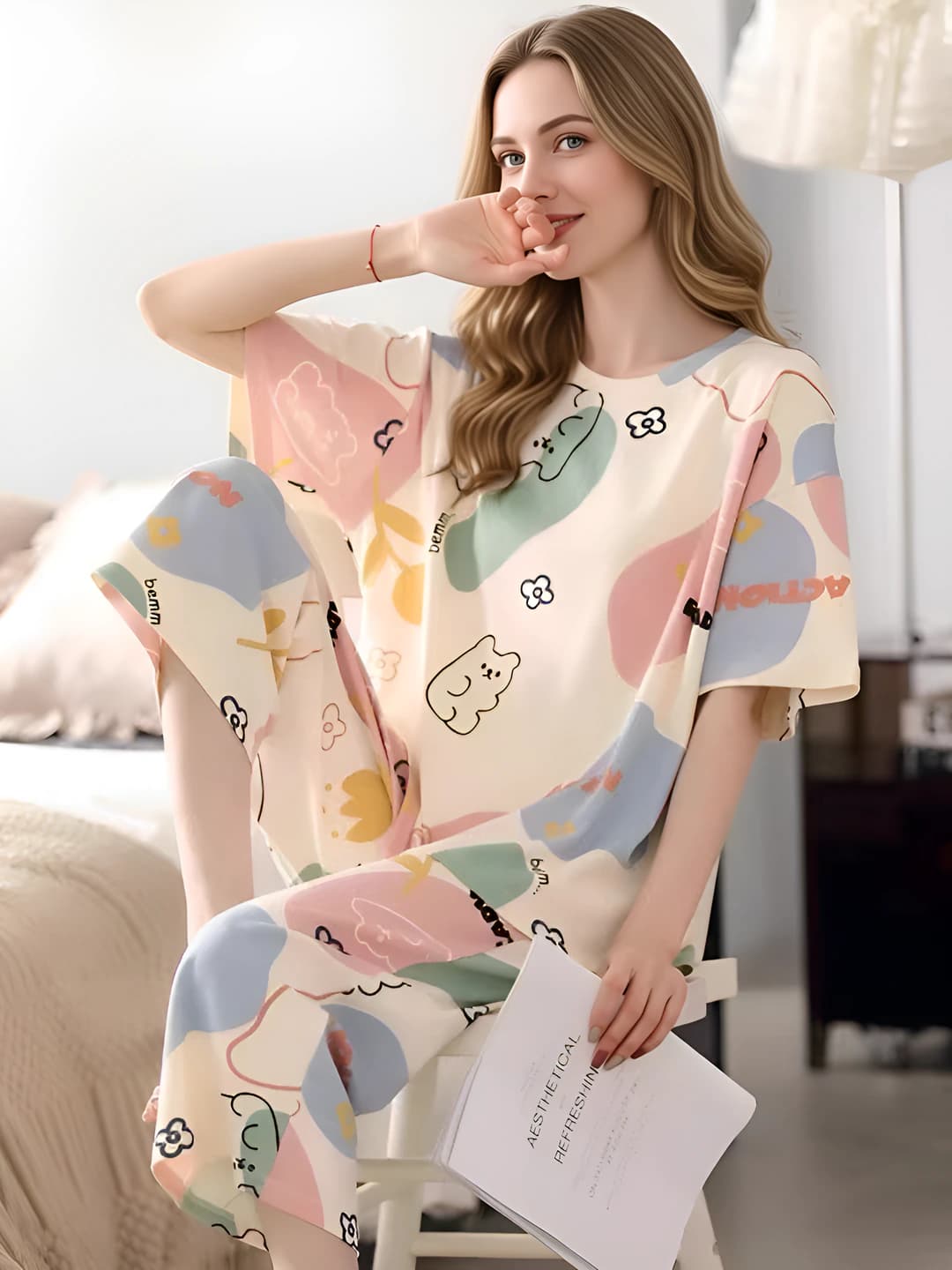 Ayollar uchun yozgi pijama to'plami: kalta yengli ko'ylak va uch chorak shim, bo'sh (oversize) kesim, dumaloq yoqa, kundalik uy kiyimi