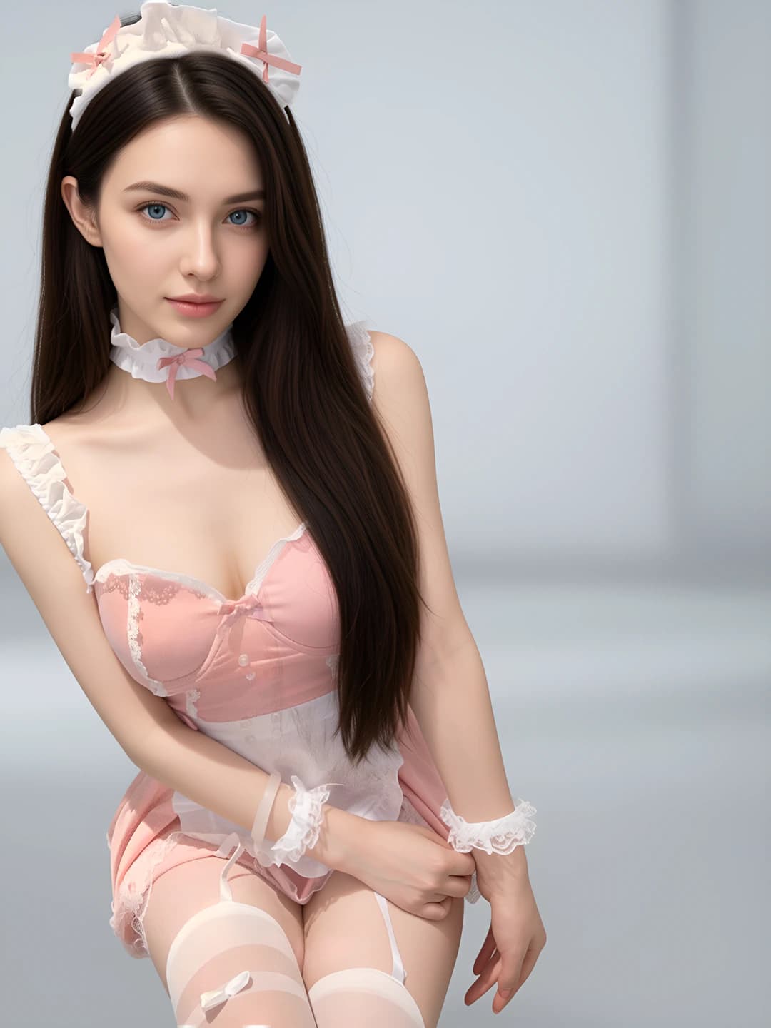 Pink (headband + choker + dress + apron + shorts + bracelet) + socks