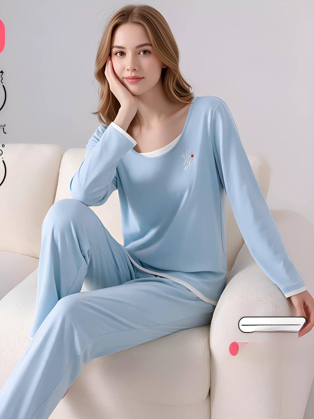 Women's bamboo fiber pajama set: long sleeve, trousers, crew neck, loose fit, breathable, warm, all-season loungewear