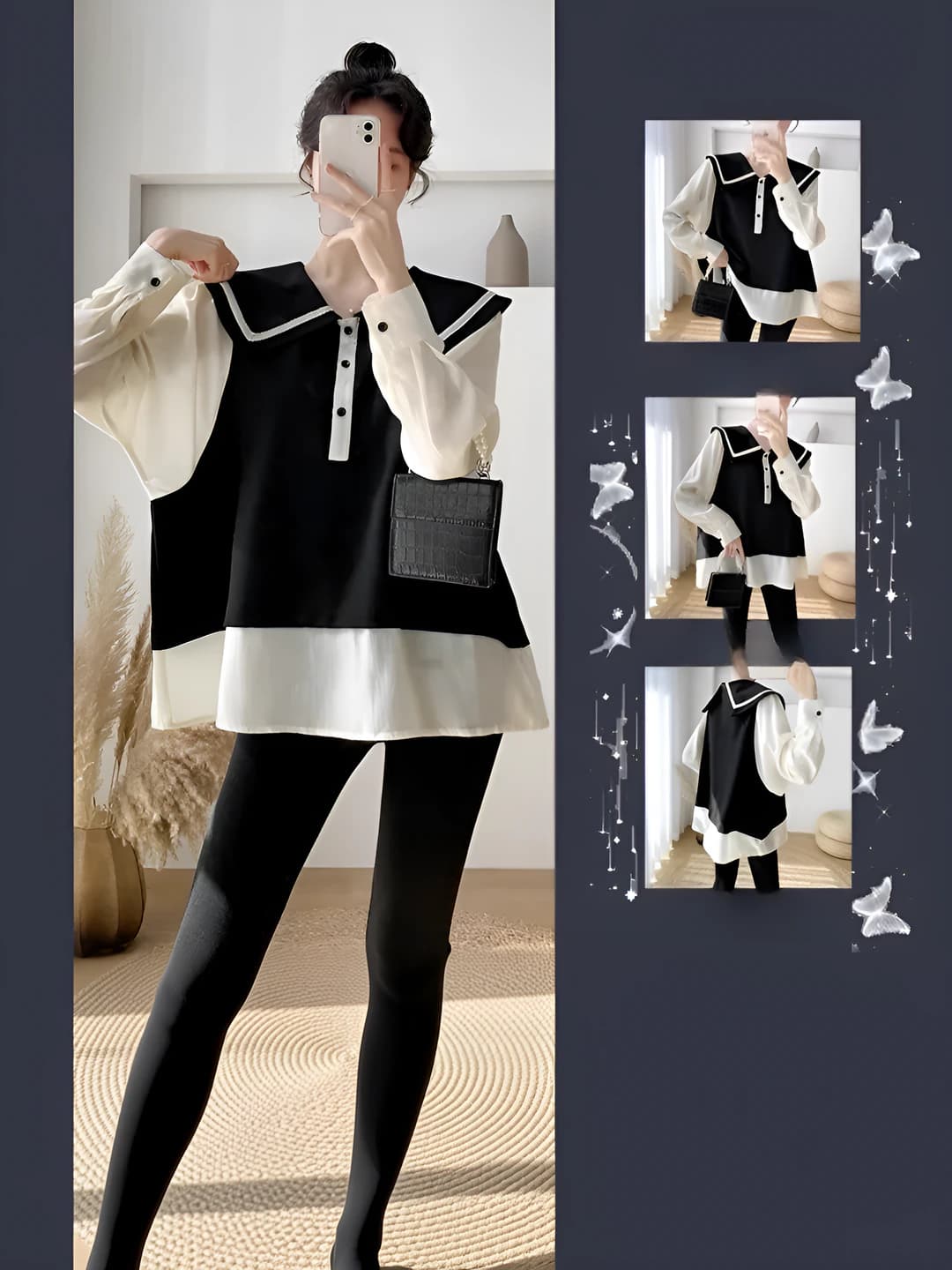 Women's maternity set: spring-autumn, casual, long sleeve, petite, contrast color, baby collar, blouse and trousers