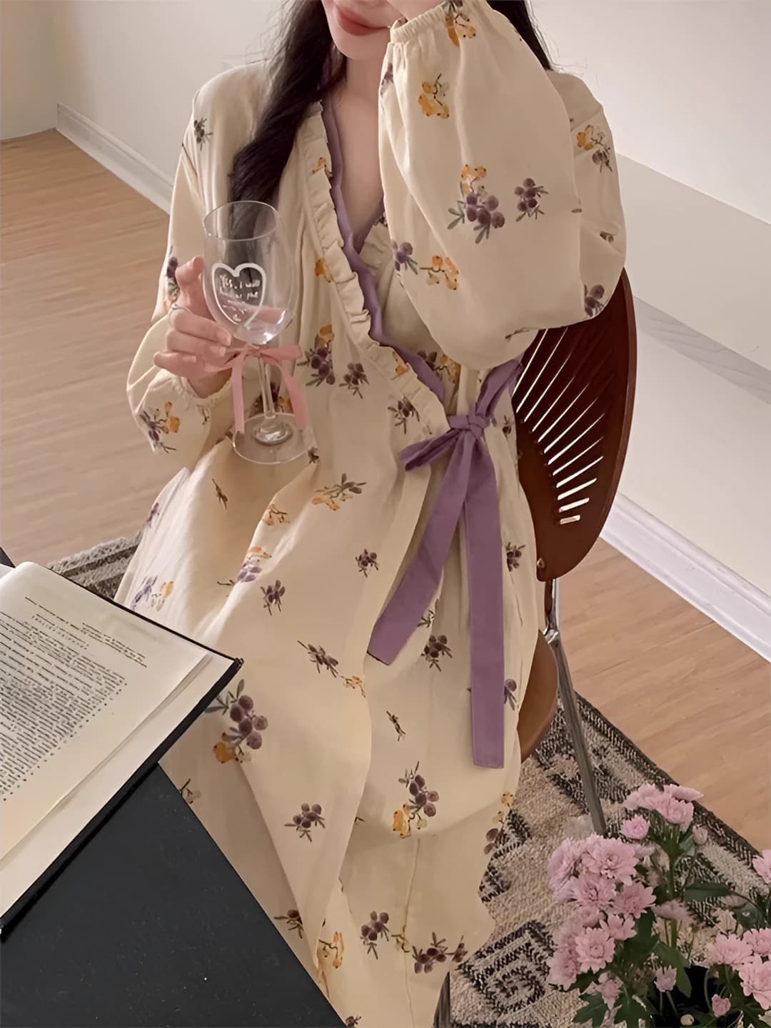 Women's loungewear: spring-autumn, casual, loose fit, retro, long sleeve, nightgown, can be worn outside
