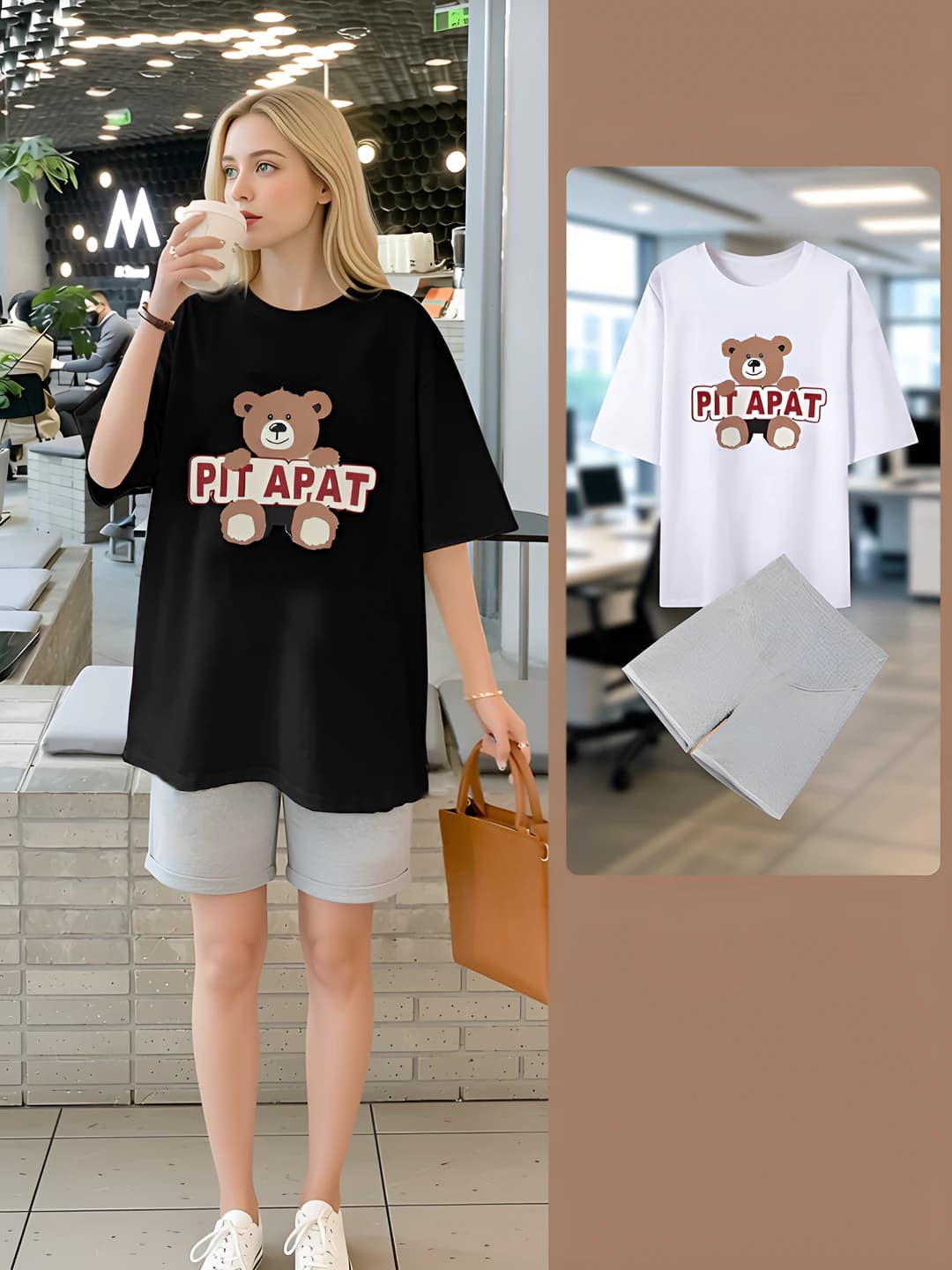 Women's maternity clothing set: loose fit t-shirt and shorts, printed, short sleeve, casual style