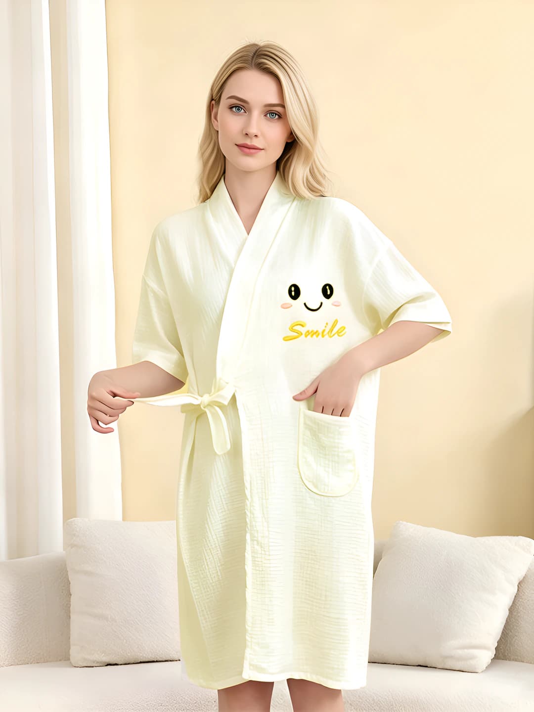 White Cotton Short-Sleeve Embroidered Robe