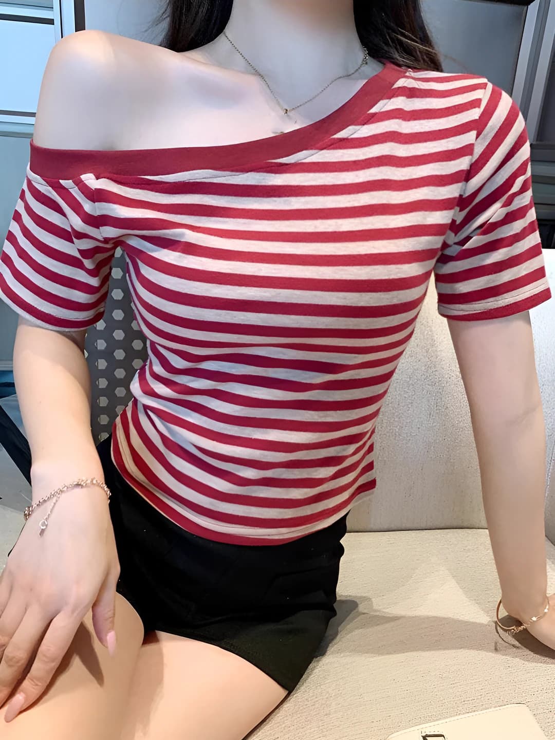 Women's off-shoulder striped short-sleeve top, summer, slim fit, slimming
