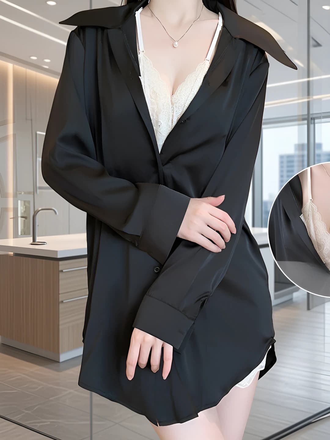 Women's satin home tunic, V-neck, bracelet-length sleeve, mini skirt, all-season, stretch, breathable