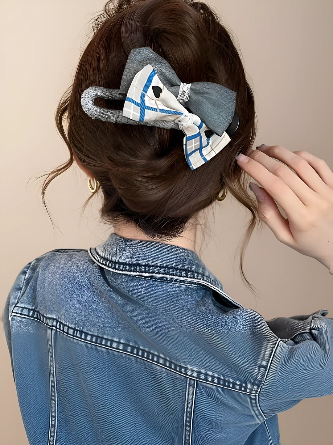 3# Light blue + blue striped double bow clip ~11.5 cm