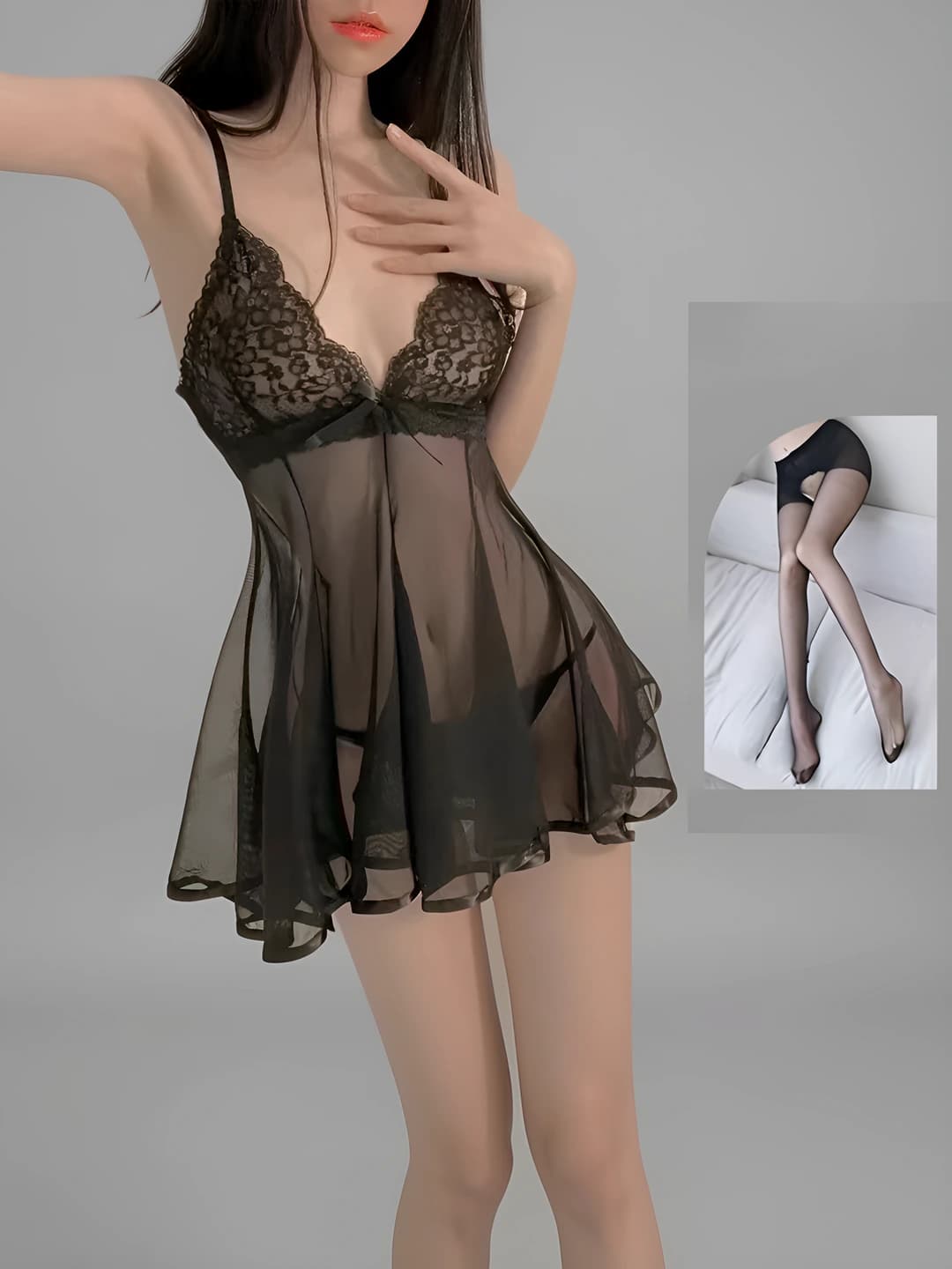 Black (Nightgown + T-briefs + Black open-crotch)