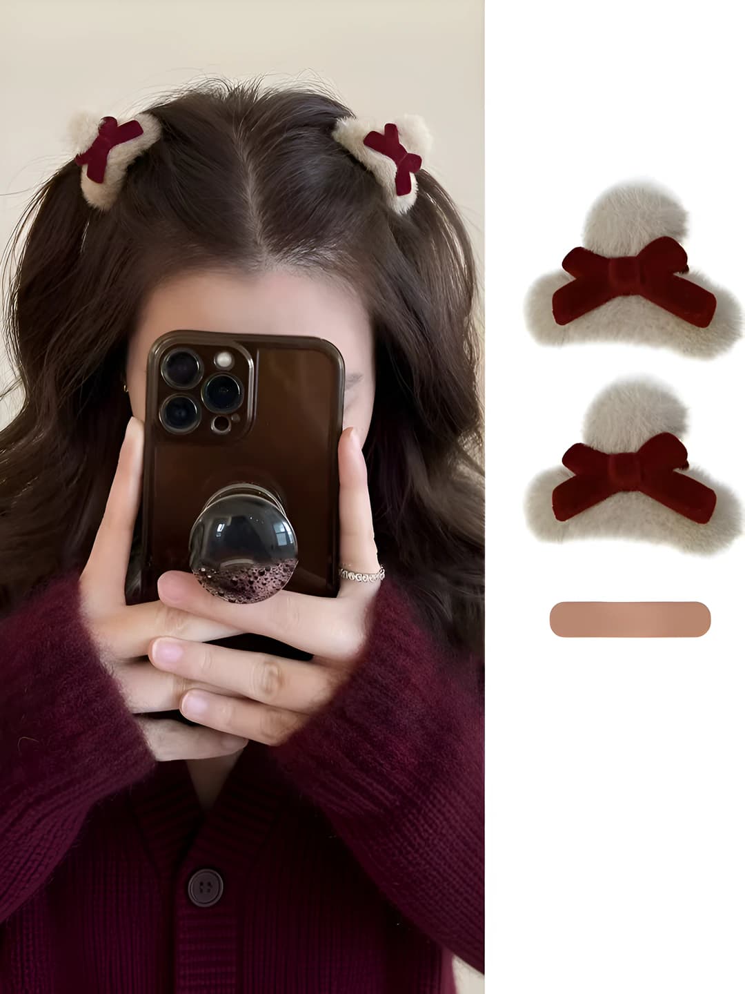 Women's plush bow hair clips and combs, mini, 2026, Chanel style design element