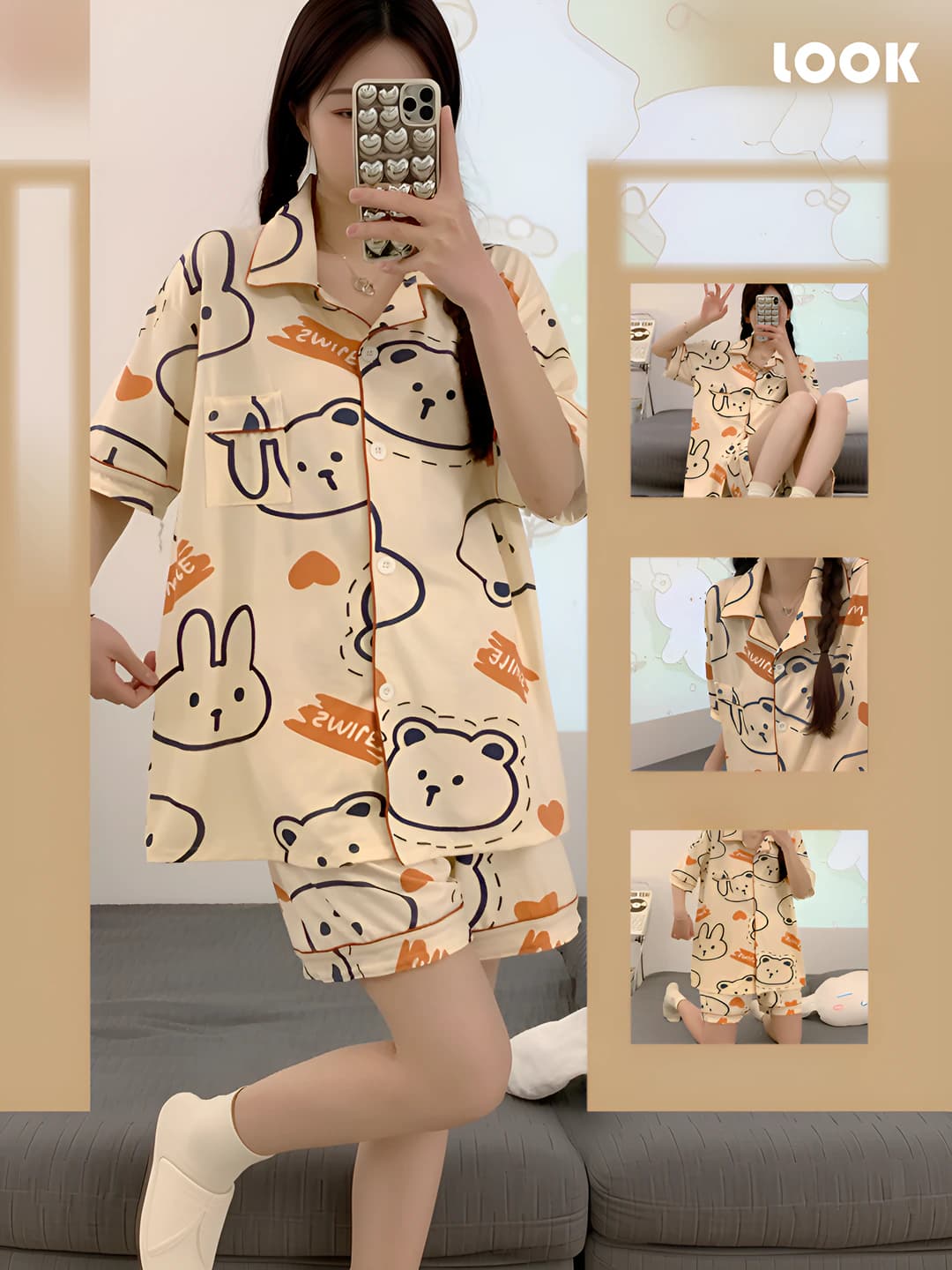 Ayollar uchun koreys uslubida yozgi yupqa pijama to'plami (ko'ylak + short), qaytarma yoqa, karton uslubida, uy kiyimi, tashqarida kiyish mumkin