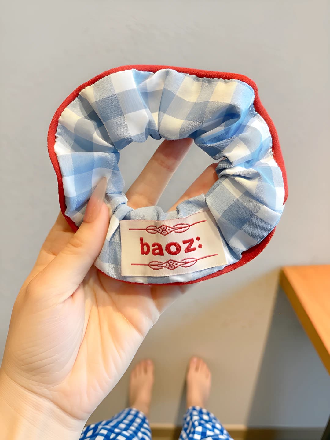 Blue plaid scrunchie ~12 cm