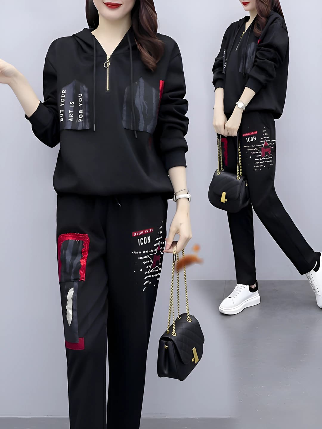 Women's fleece-lined, thickened, loose fit tracksuit set: autumn-winter, plus size, long sleeve, printed, trousers