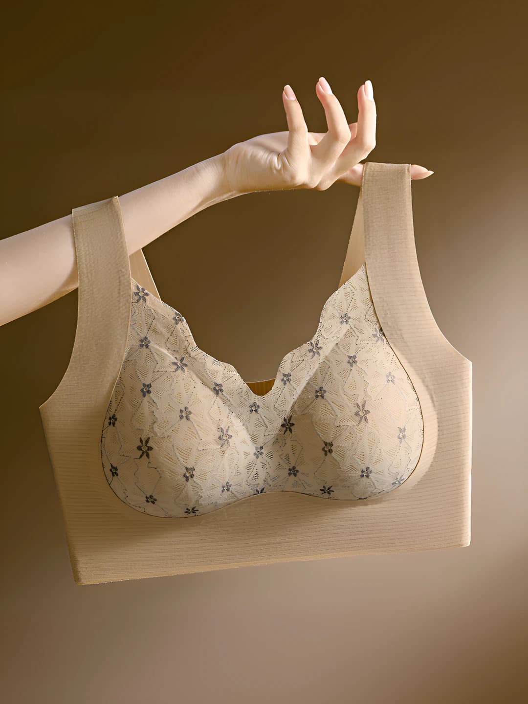 Women's seamless lace tank top style bra, fixed cups, push-up, side fat control, lift, wireless, for sleeping