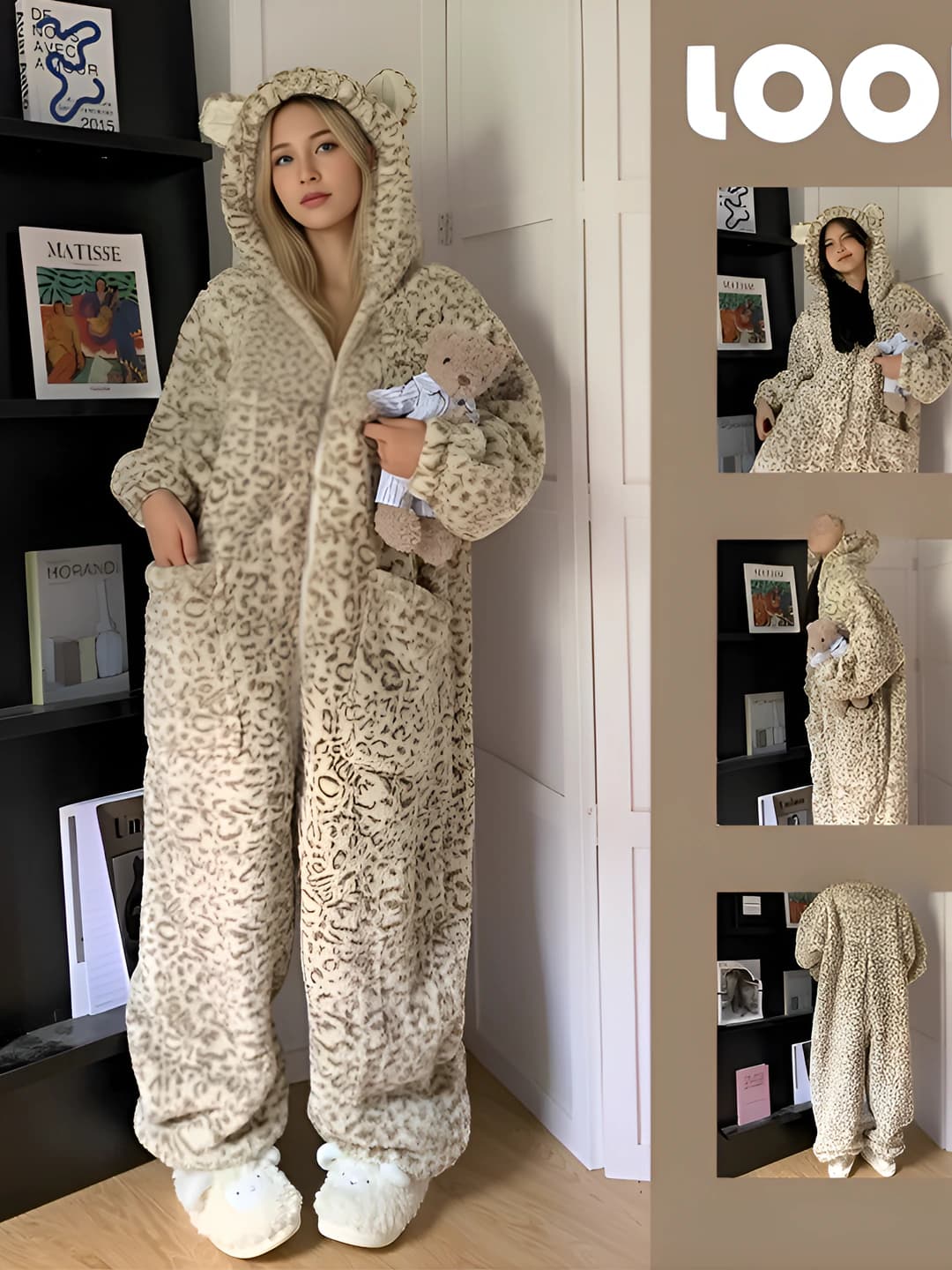 Женская зимняя пижама из кораллового флиса, с начёсом, утеплённая, с капюшоном, в леопардовый принт, домашняя одежда