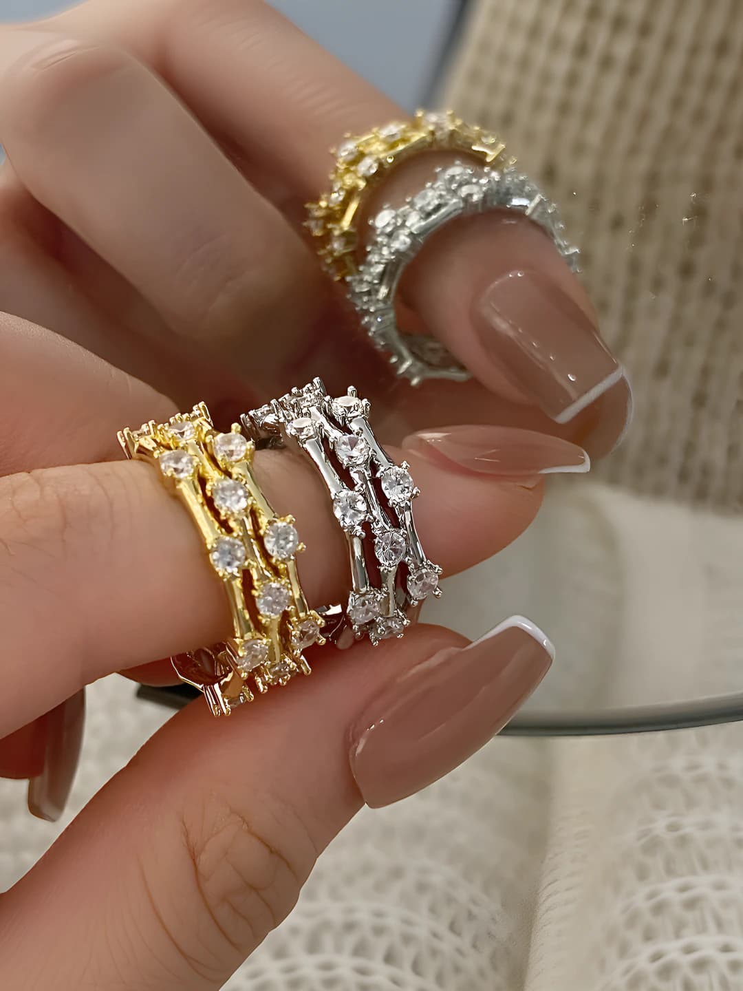 Women's three-layer zircon open ring, copper with real gold plating, geometric design element in ins style