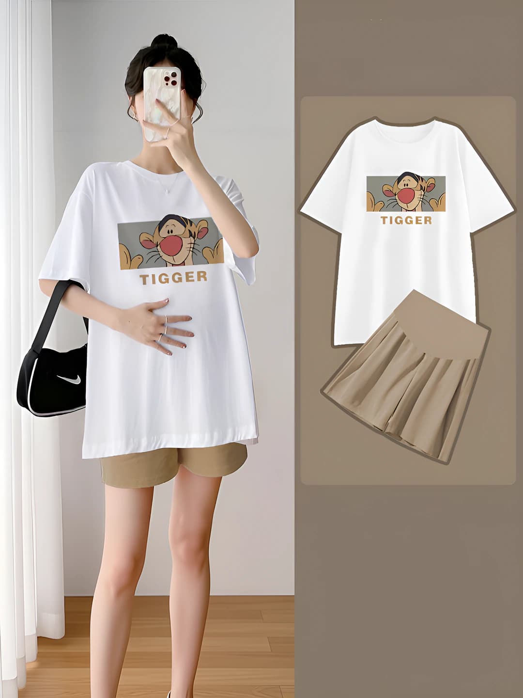 Women's maternity two-piece set in Korean style, loose fit, summer, printed, short sleeve, short shorts