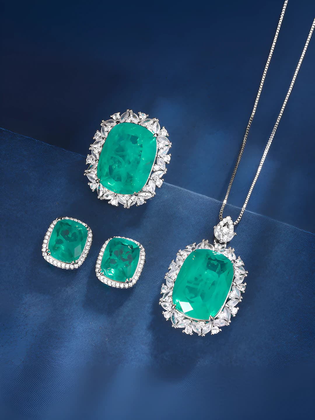 Women's gold-plated copper base faux emerald set, geometric pattern, full diamond pavé, 15*20-10*12