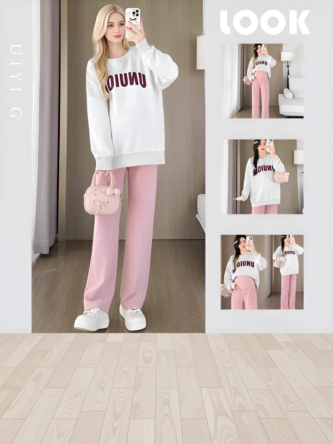 Ayollar uchun 2026-yilgi kundalik bo'sh (oversize) nozik ko'rsatadigan ikki qismli to'plam (sweatshirt top + trousers), uzun yeng, polietilfen mato, bahor-kuz