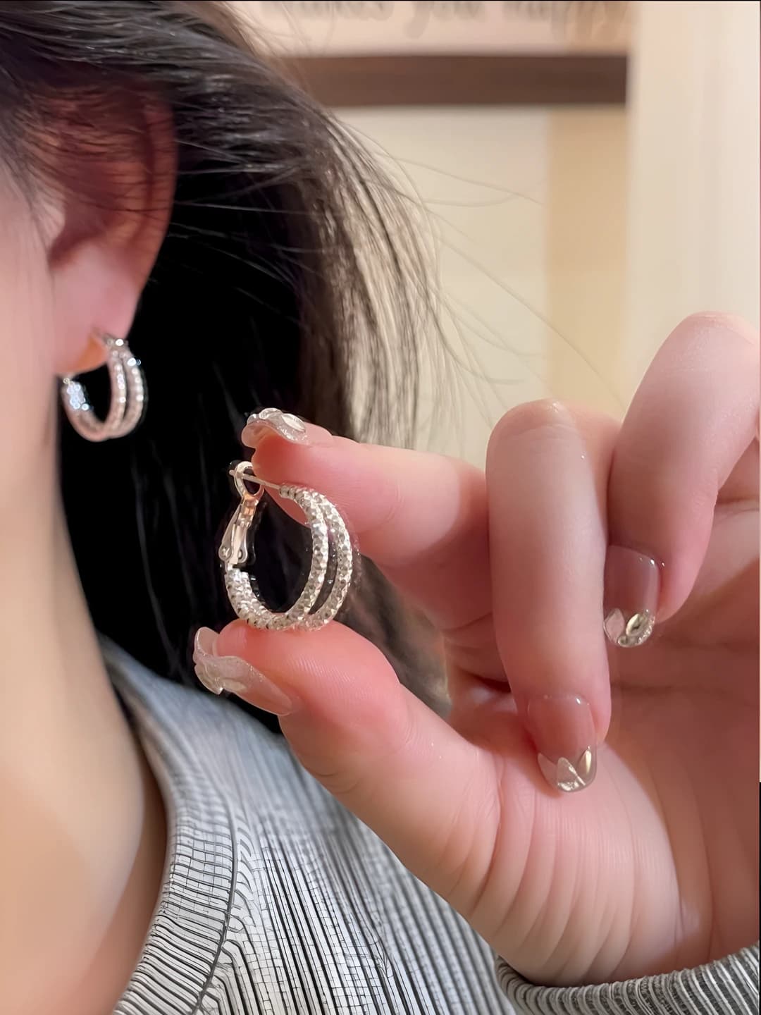 Women's double-layer geometric hoop earrings with 18k silver plating in a light luxury style