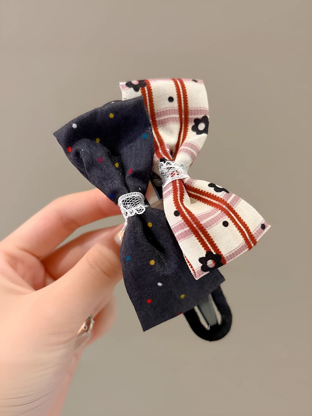 Denim blue red striped double bow