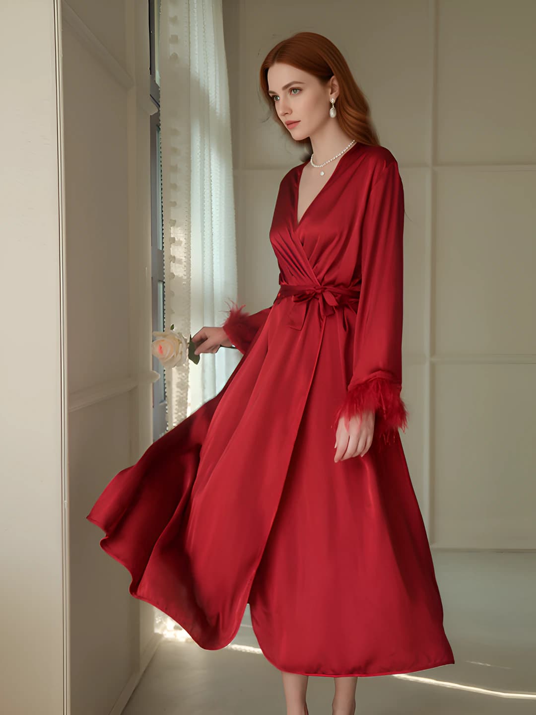 Women's bridal morning robe, long satin house robe in French style, boat neck, bracelet-length sleeve, all-season
