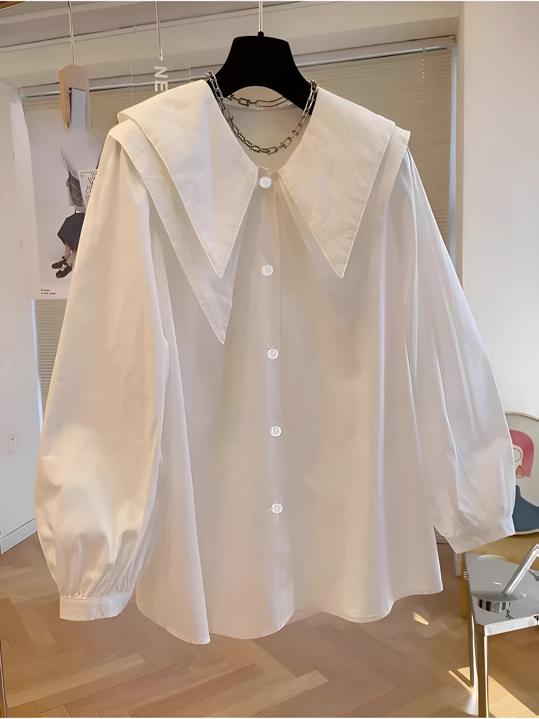 Women's 2026 spring-autumn casual blouse, long sleeve, A-line fit, double collar, multi-button, color block
