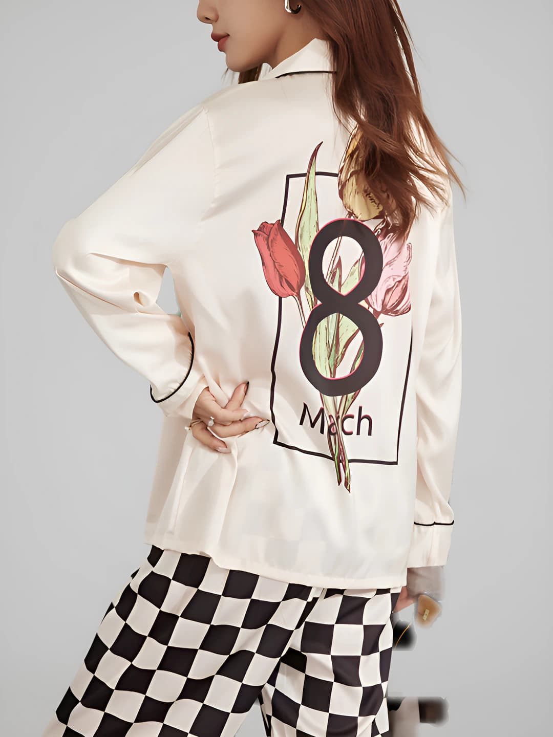 Women's spring-autumn thin chiffon pajama set, lapel collar, long sleeve, trousers, all-season loungewear