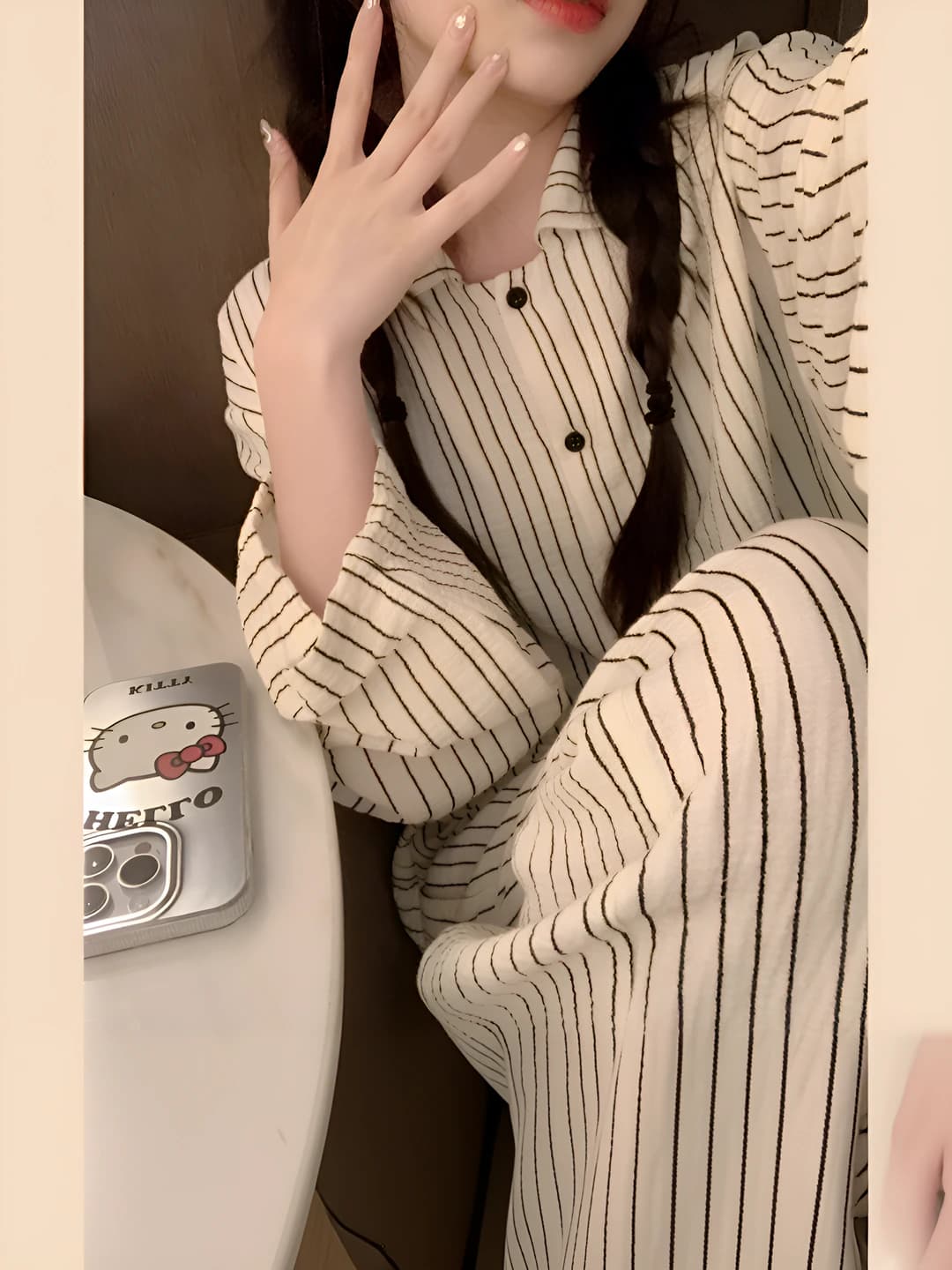 Women's striped loungewear set, lapel collar, long sleeve, trousers, loose fit, stretch, breathable, spring-autumn-winter
