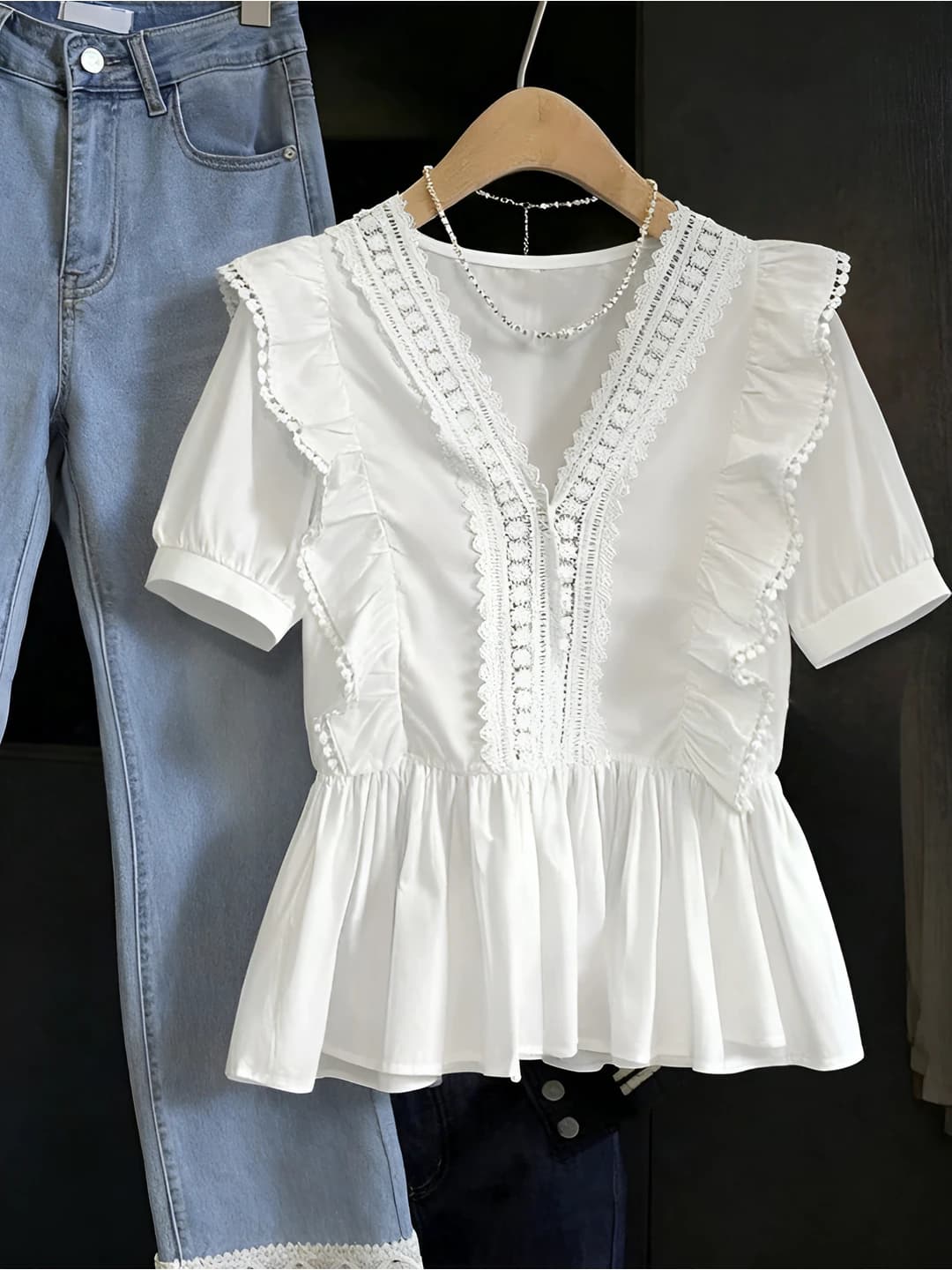 Women's 2026 summer blouse with V-neck, short sleeve, stretch, solid colour, A-line fit