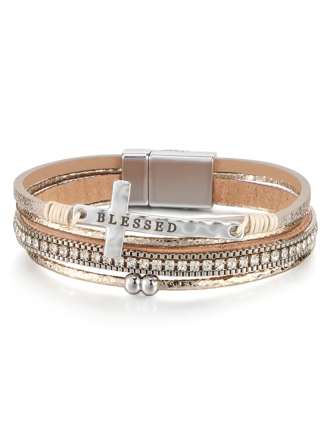 Women's boho style cross multi-layered leather bracelet with gold plating, geometric design element