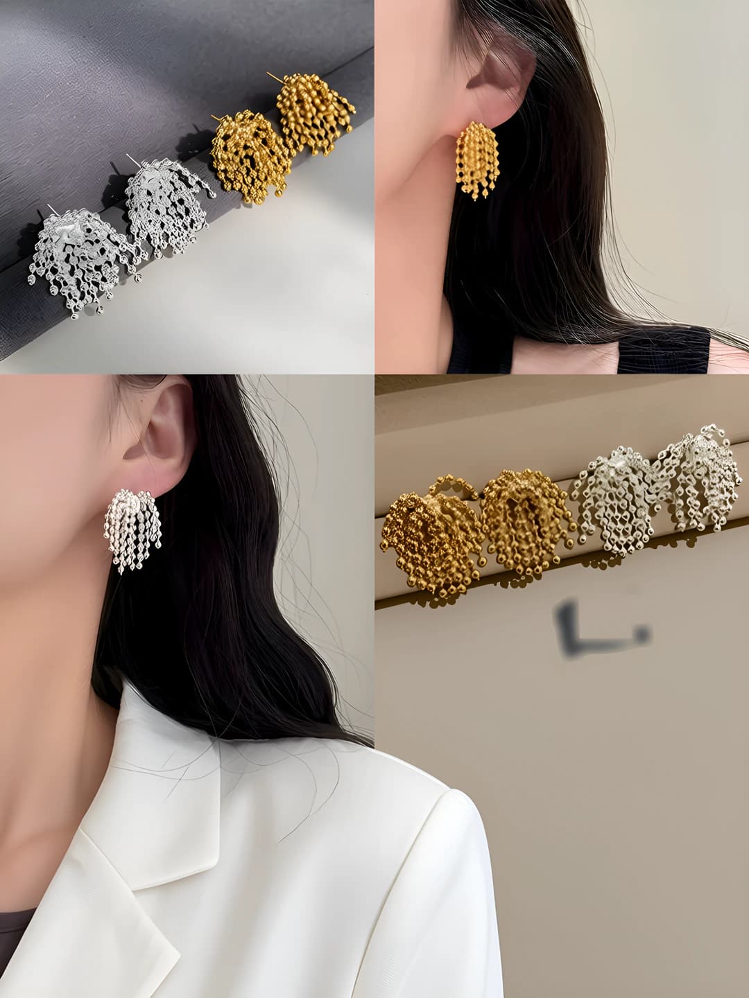 Women's geometric stud earrings with metal balls and tassel design, 18k gold plating
