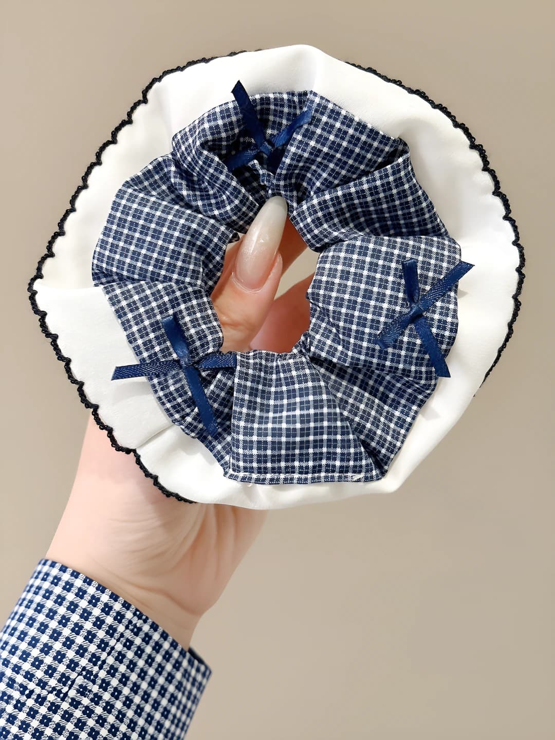 2# Blue small plaid, bow, ~13 cm