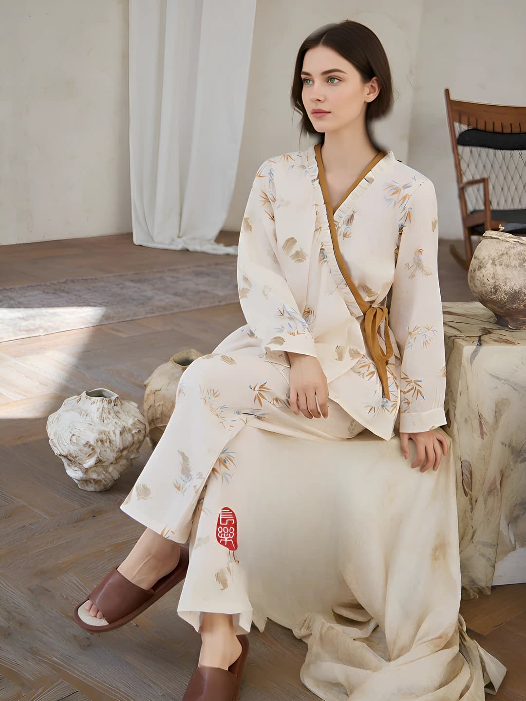 Women's thin, breathable, long sleeve, V-neck, trousers pajama set (loungewear) made of 100% pure cotton for spring-autumn