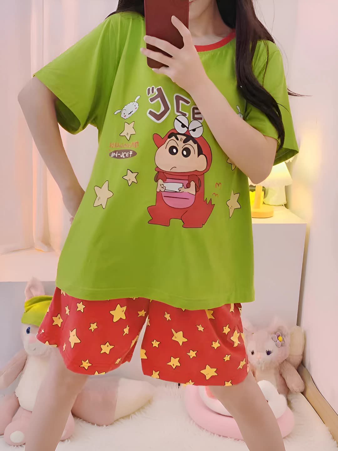 Women's loungewear set: short-sleeve T-shirt and shorts, summer, petite, cartoon design