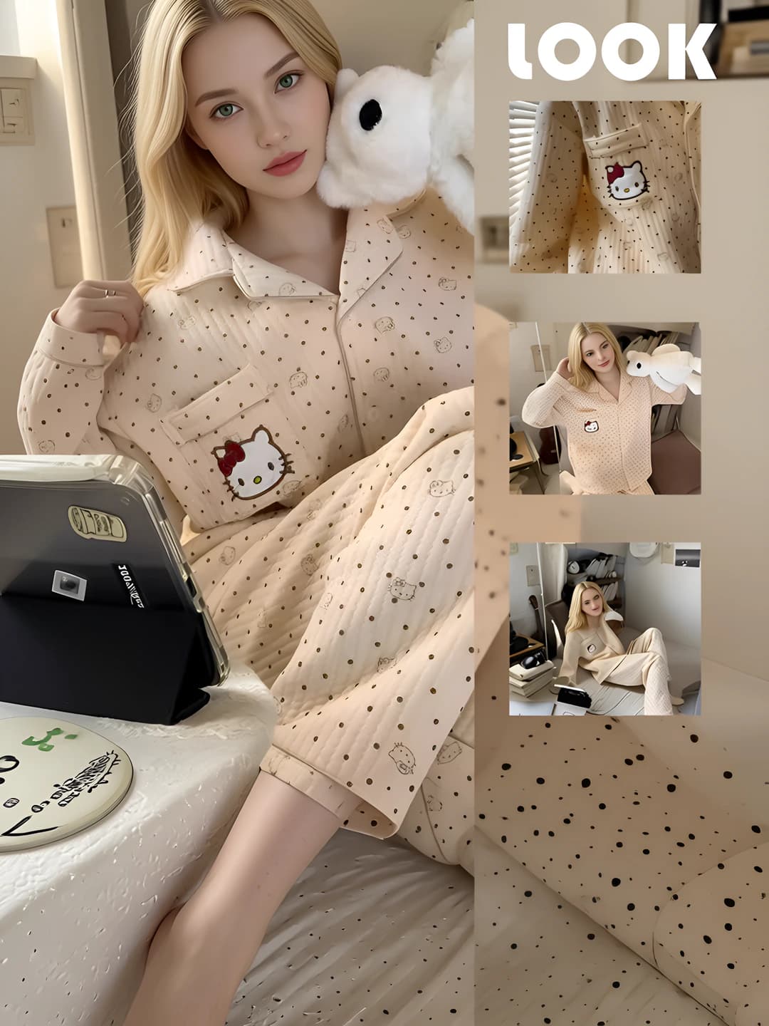 Ayollar uchun 2026 koreys uslubida Hello Kitty pijama to'plami, qalinlashtirilgan, issiq saqlaydigan, qaytarma yoqa, uzun yeng, uzun shim, kuz-qish va bahor uchun