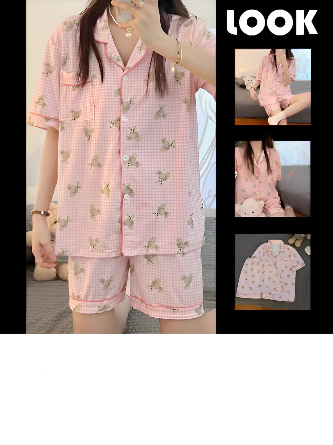Women's summer thin checked bear pajama set (shirt and shorts), lapel collar, breathable, stretch, loungewear