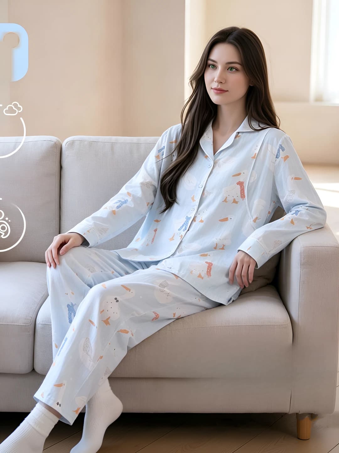 Women's home sets: lapel collar, long sleeve, trousers, all-cotton, thin, spring-summer-autumn, cartoon style